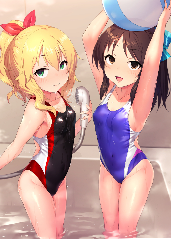 2girls arms_up ball bathtub beachball black_swimsuit blonde_hair blue_bow blue_swimsuit bow brown_eyes brown_hair collarbone commentary_request cowboy_shot empty_eyes flat_chest green_eyes hair_bow idolmaster idolmaster_cinderella_girls long_hair looking_at_viewer multiple_girls ponytail sakurai_momoka satou_kuuki short_hair shower_head soaking_feet standing swimsuit tachibana_arisu water wet wet_clothes wet_swimsuit