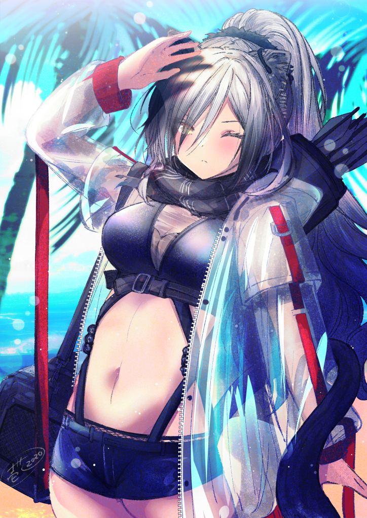 1girl animal_ears arknights arm_up arrow bag bangs black_scarf black_shorts blue_sky blush breasts cat_ears commentary_request cowboy_shot crop_top day eyebrows_visible_through_hair hair_over_one_eye ittokyu jacket lens_flare long_hair long_ponytail long_sleeves looking_at_viewer medium_breasts midriff navel one_eye_closed open_clothes open_jacket outdoors palm_tree partial_commentary ponytail quiver scarf schwarz_(arknights) see-through short_shorts shorts silver_hair sky solo standing stomach tree yellow_eyes