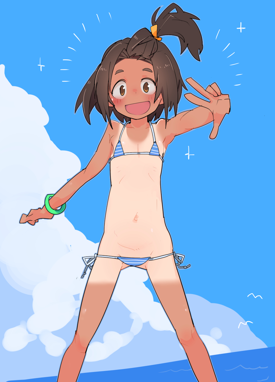 1girl :d bikini black_hair bracelet brown_eyes character_request commentary dark_skin highres idolmaster idolmaster_cinderella_girls jewelry lowleg lowleg_bikini micro_bikini navel ocean one-piece_tan open_mouth outdoors ponytail side-tie_bikini sky smile solo striped striped_bikini swimsuit tan tanline tomatojam w