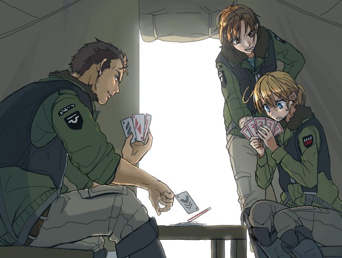 1boy 2girls blonde_hair blue_eyes brown_hair card card_game commentary_request military military_uniform multiple_girls original partial_commentary playing_card playing_games ponytail short_hair sitting tent towarai uniform