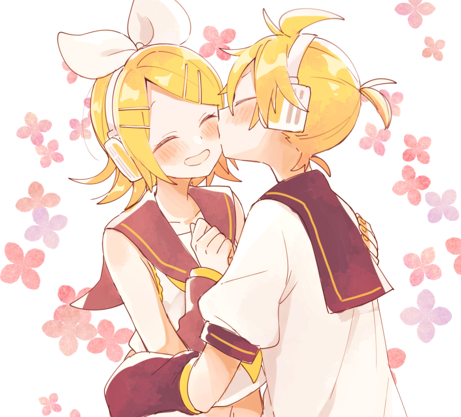 1boy 1girl arm_warmers arms_around_waist bangs bare_shoulders black_collar blush bow cheek_kiss closed_eyes collar commentary crop_top floral_background hair_bow hair_ornament hairclip hand_on_another's_shoulder hands_up headphones kagamine_len kagamine_rin kiss midriff navel open_mouth sailor_collar school_uniform shirt short_hair short_ponytail short_sleeves smile spiky_hair suzumi_(fallxalice) swept_bangs upper_body vocaloid white_bow white_shirt yellow_neckwear
