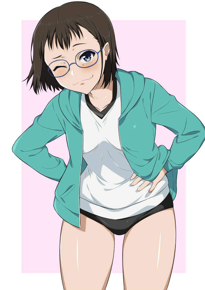 1girl black_hair buruma commentary_request glasses grey_eyes gym_uniform hand_on_hip hood hoodie iguchi_yumi leaning_forward one_eye_closed partial_commentary shichimenchou shirobako short_hair simple_background solo thighs