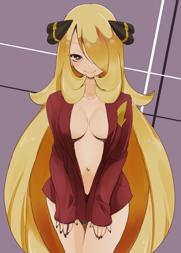 1girl blonde_hair breasts chorimokki closed_mouth hair_ornament hair_over_one_eye large_breasts long_hair looking_at_viewer navel pokemon pokemon_(game) pokemon_dppt shirona_(pokemon) smile solo very_long_hair