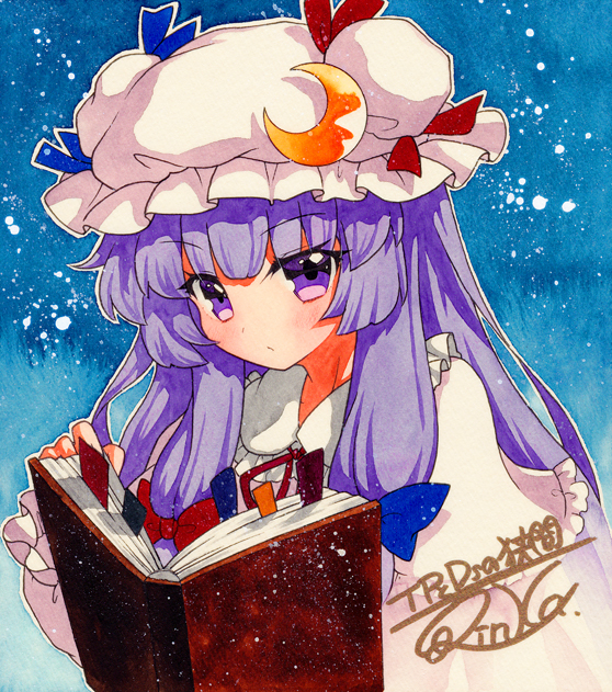 1girl blue_background blue_bow book bookmark bow capelet closed_mouth crescent crescent_hat_ornament eyebrows_visible_through_hair frilled_capelet frilled_sleeves frills hair_bow hat hat_ornament long_hair long_sleeves mob_cap open_book patchouli_knowledge purple_hair qqqrinkappp reading red_bow shikishi solo touhou traditional_media upper_body violet_eyes white_capelet white_headwear