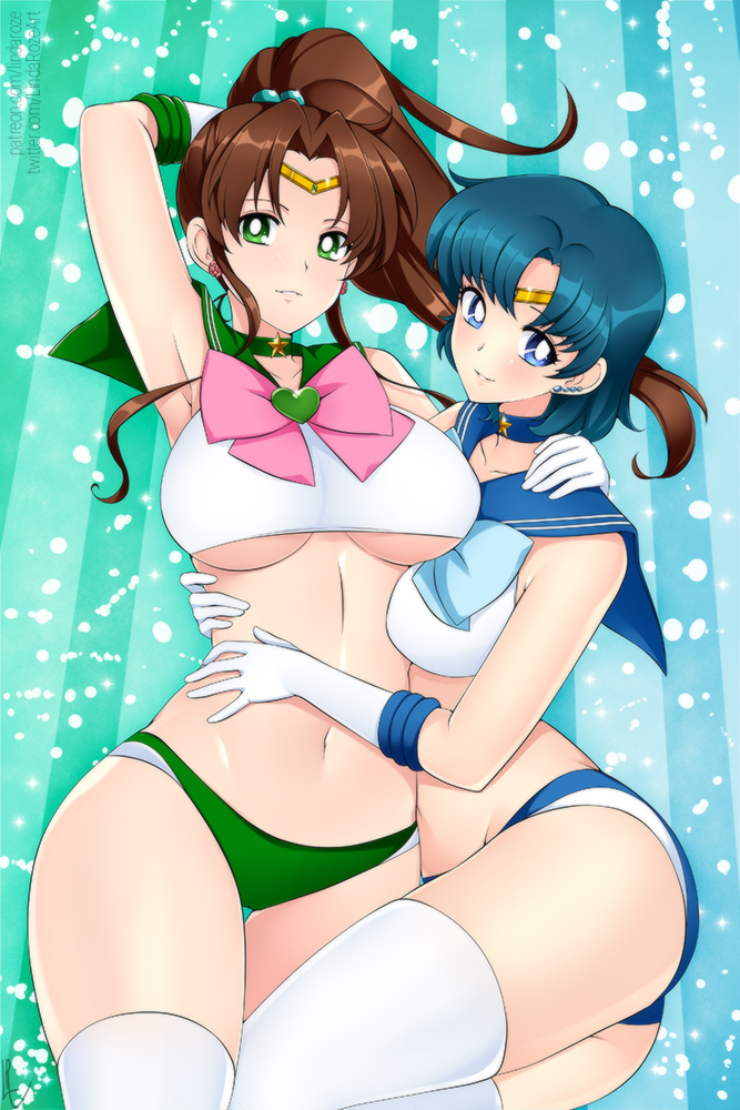 2girls bikini_bottom bishoujo_senshi_sailor_moon blue_background blue_bow blue_choker blue_hair bow breasts brown_hair choker feet_out_of_frame green_background green_choker green_eyes kino_makoto large_breasts lindaroze midriff mizuno_ami multiple_girls navel pink_bow sailor_collar sailor_jupiter sailor_mercury sailor_senshi short_hair striped striped_background thigh-highs tiara under_boob white_legwear yuri