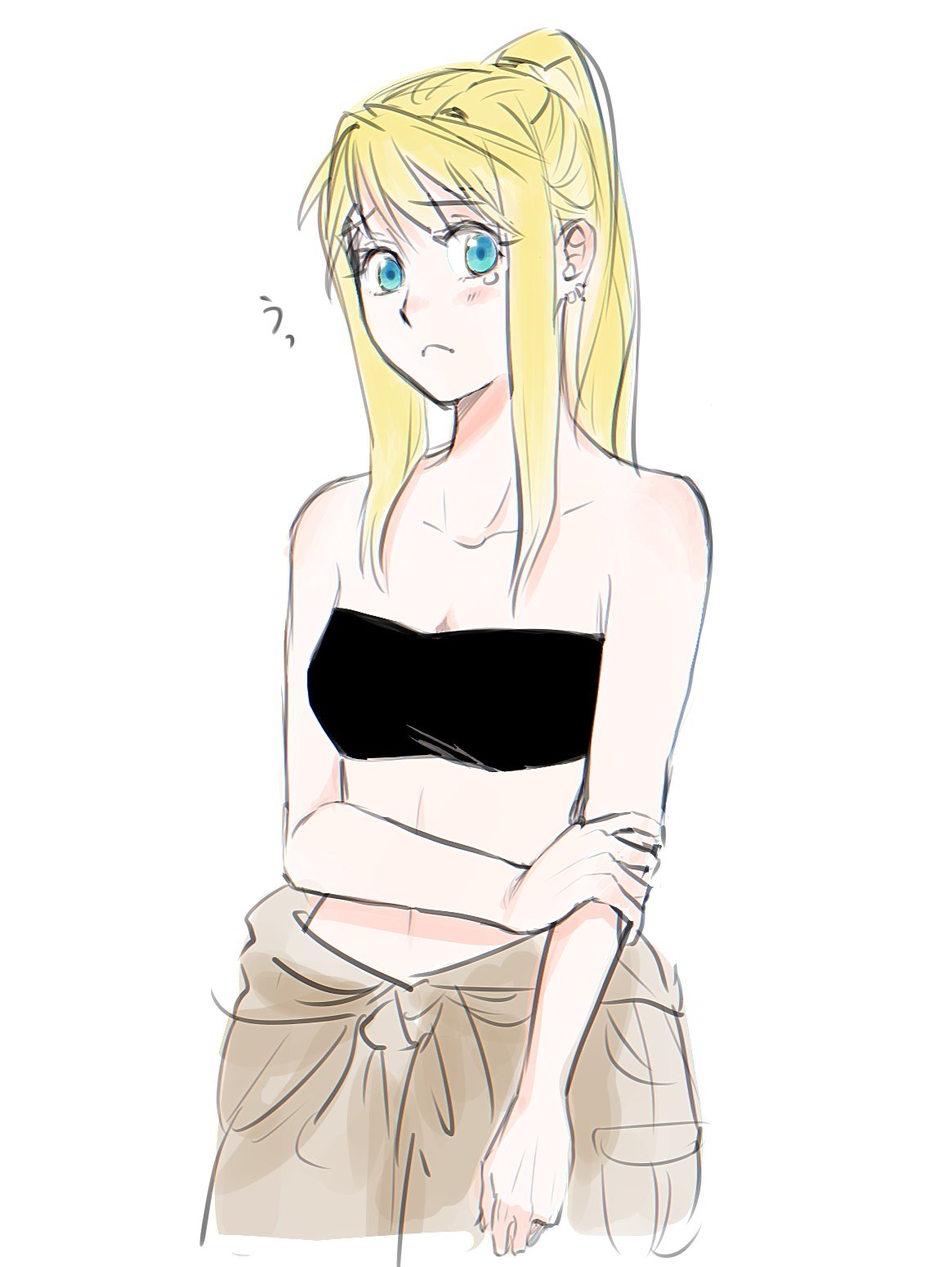 1girl :&lt; arm_at_side bare_arms bare_shoulders blonde_hair blue_eyes blush blush_stickers breasts brown_pants closed_mouth clothes_around_waist collarbone cowboy_shot crying crying_with_eyes_open ear_piercing earrings eyebrows_visible_through_hair eyelashes frown fullmetal_alchemist furrowed_eyebrows hair_between_eyes hand_on_own_arm high_ponytail highres jewelry looking_to_the_side medium_breasts midriff navel ozaki_(tsukiko3) pants piercing pocket ponytail sad self_hug shoulder_blush sidelocks simple_background solo standing straight_hair strapless tears tubetop white_background winry_rockbell