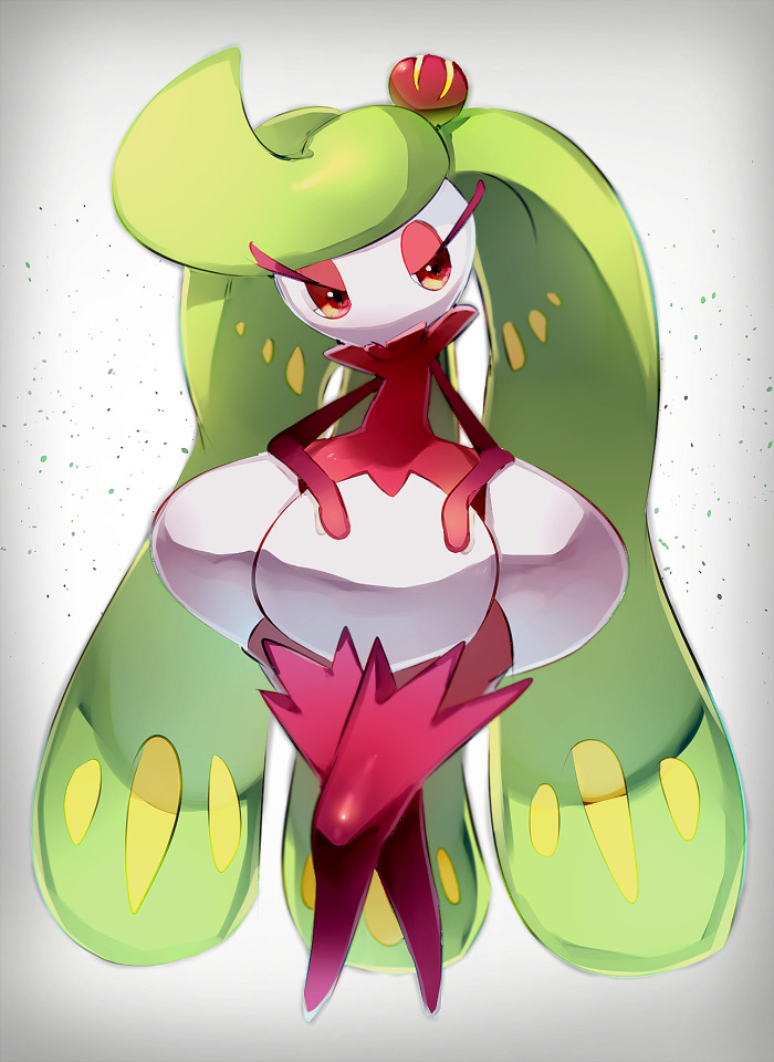 commentary creature english_commentary full_body gen_7_pokemon jaibus no_humans pokemon pokemon_(creature) red_eyes simple_background solo tsareena white_background