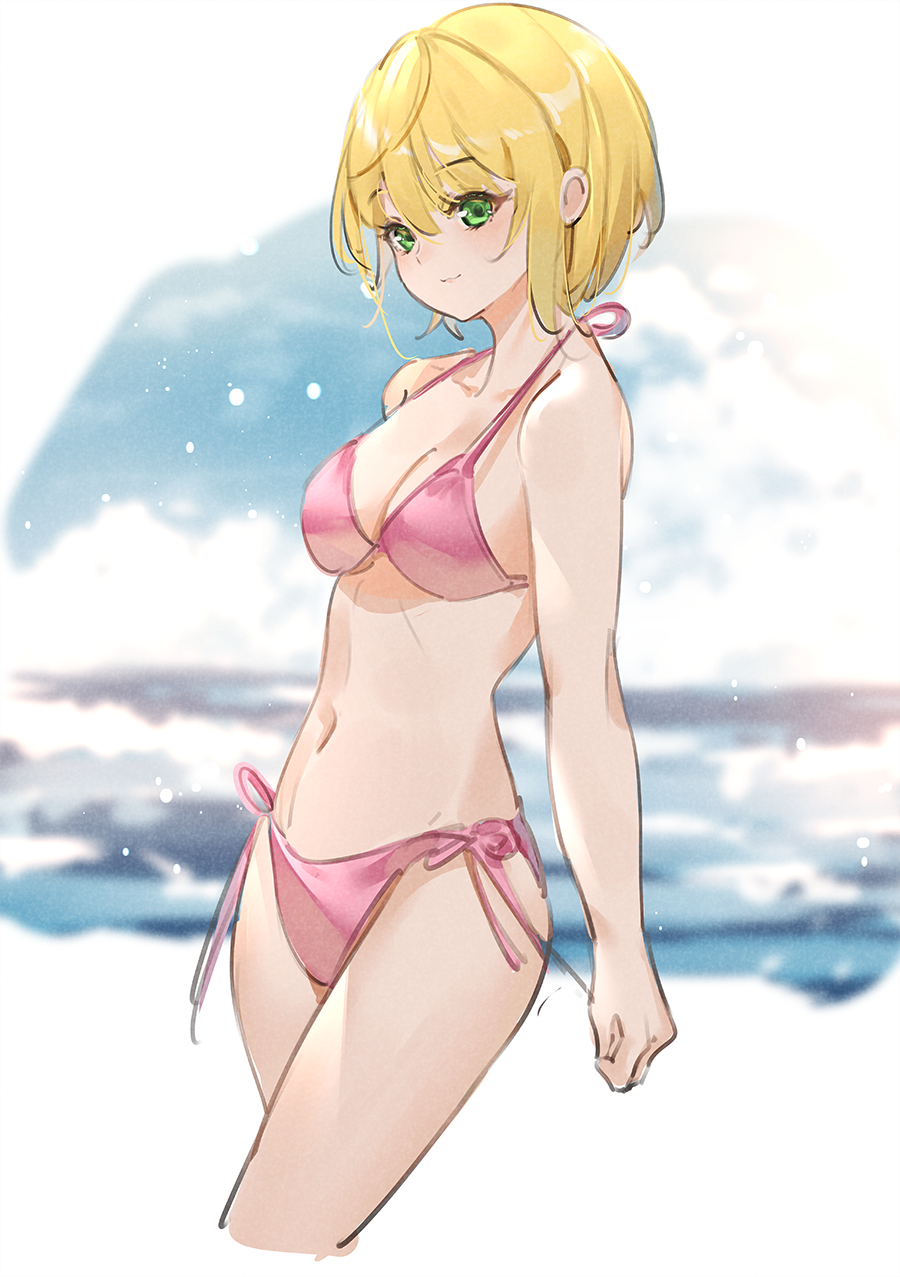 1girl a-1_pictures bandai_namco bikini blonde_hair blurry breasts collarbone cowboy_shot cute depth_of_field green_eyes highres idolmaster idolmaster_cinderella_girls majocc_(dusty051) medium_breasts miyamoto_frederica navel ocean pink_bikini short_hair side-tie_bikini smile solo standing swimsuit