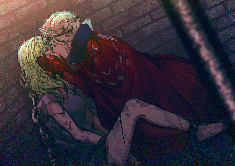 2girls bars blonde_hair bound brick_wall bruise byleth_(fire_emblem) byleth_eisner_(female) cape chain chained closed_eyes cuffs cuts dirty edelgard_von_hresvelg empty_eyes fire_emblem fire_emblem:_three_houses gloves hands_on_another's_face injury kiss long_hair medium_hair michimaru_(michi) multiple_girls prison_cell prison_clothes prisoner red_cape wall yuri