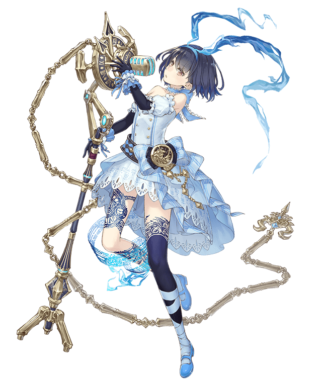 1girl alice_(sinoalice) bare_shoulders blue_dress chain crossover dark_blue_hair dress elbow_gloves eyebrows_visible_through_hair full_body gems_company gloves hairband ji_no looking_at_viewer mary_janes microphone official_art pocket_watch shoes short_hair sinoalice solo tattoo transparent_background watch yellow_eyes