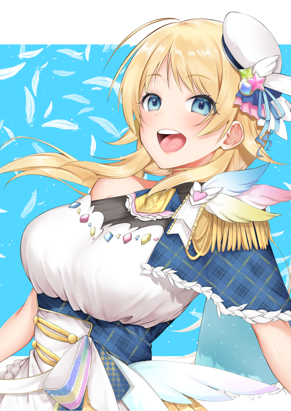 1girl bare_shoulders blonde_hair blue_background blue_eyes blush breasts feathers hachimiya_meguru highres idol_clothes idolmaster idolmaster_shiny_colors kurokura_eri large_breasts long_hair looking_at_viewer open_mouth smile solo upper_body white_headwear