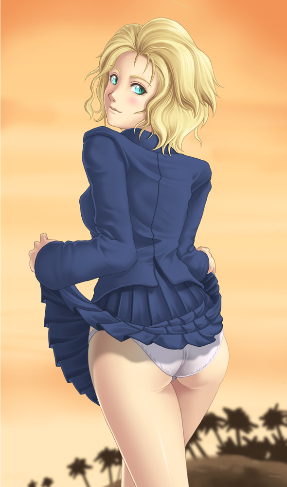 1girl ass blonde_hair blue_eyes blush breasts closed_mouth graphite_(medium) looking_at_viewer medium_hair metal_gear_(series) metal_gear_solid_peace_walker panties paz_ortega_andrade skirt skirt_lift smile solo thor_(deep_rising) traditional_media underwear wavy_hair