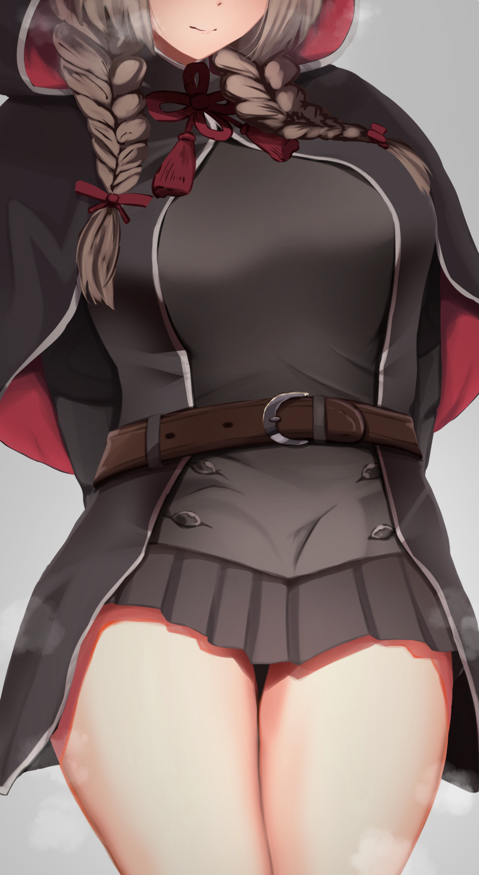 1girl arms_behind_back belt black_capelet black_dress braid breasts brown_belt brown_hair buttons capelet close-up commentary_request dress head_out_of_frame highres hood hood_up hooded_capelet kantai_collection kasoku_souchi large_breasts long_hair long_sleeves low_twintails pleated_dress red_ribbon ribbon shinshuu_maru_(kantai_collection) simple_background solo steam steaming_body thighs twin_braids twintails