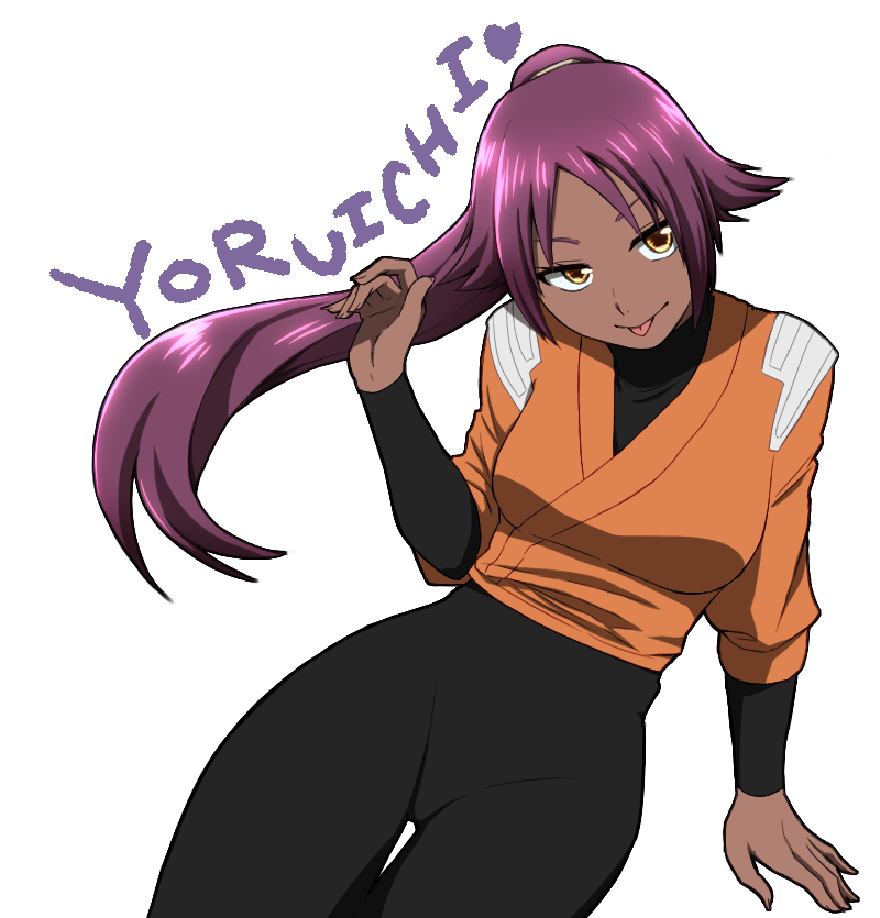 1girl :p bleach character_name dark_skin kuroha_(sm-410) long_hair looking_at_viewer ponytail purple_hair shihouin_yoruichi simple_background smile solo tongue tongue_out waving white_background yellow_eyes