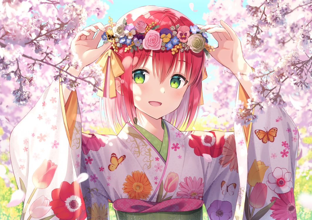 1girl :d arms_up bangs cherry_blossoms colorful commentary_request day eyebrows_visible_through_hair floral_print flower flower_wreath green_eyes head_wreath japanese_clothes kimono long_sleeves looking_at_viewer nonono obi open_mouth original outdoors pink_flower pink_rose print_kimono redhead rose sash short_hair smile solo spring_(season) upper_body white_kimono wide_sleeves yukata