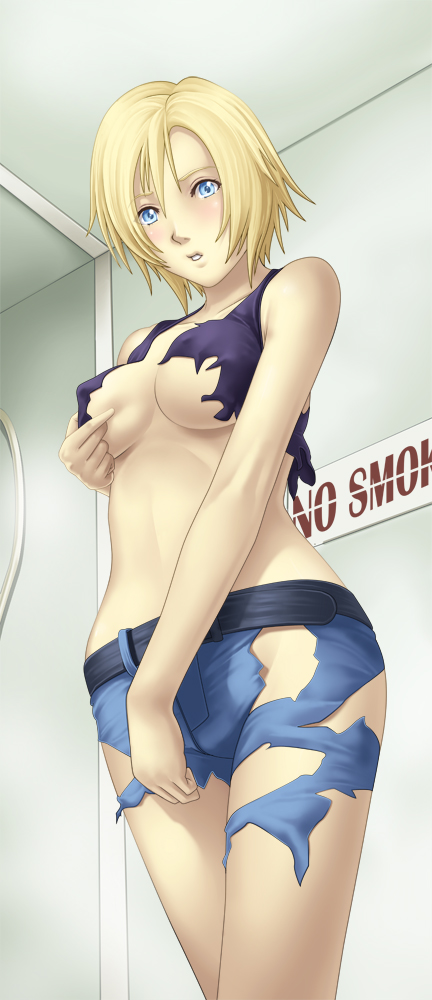 1girl arm_behind_back aya_brea blonde_hair blue_eyes blush breast_poke breasts denim jeans looking_down no_smoking pants parasite_eve parasite_eve_the_3rd_birthday poking short_hair shorts solo thor_(deep_rising) torn_clothes
