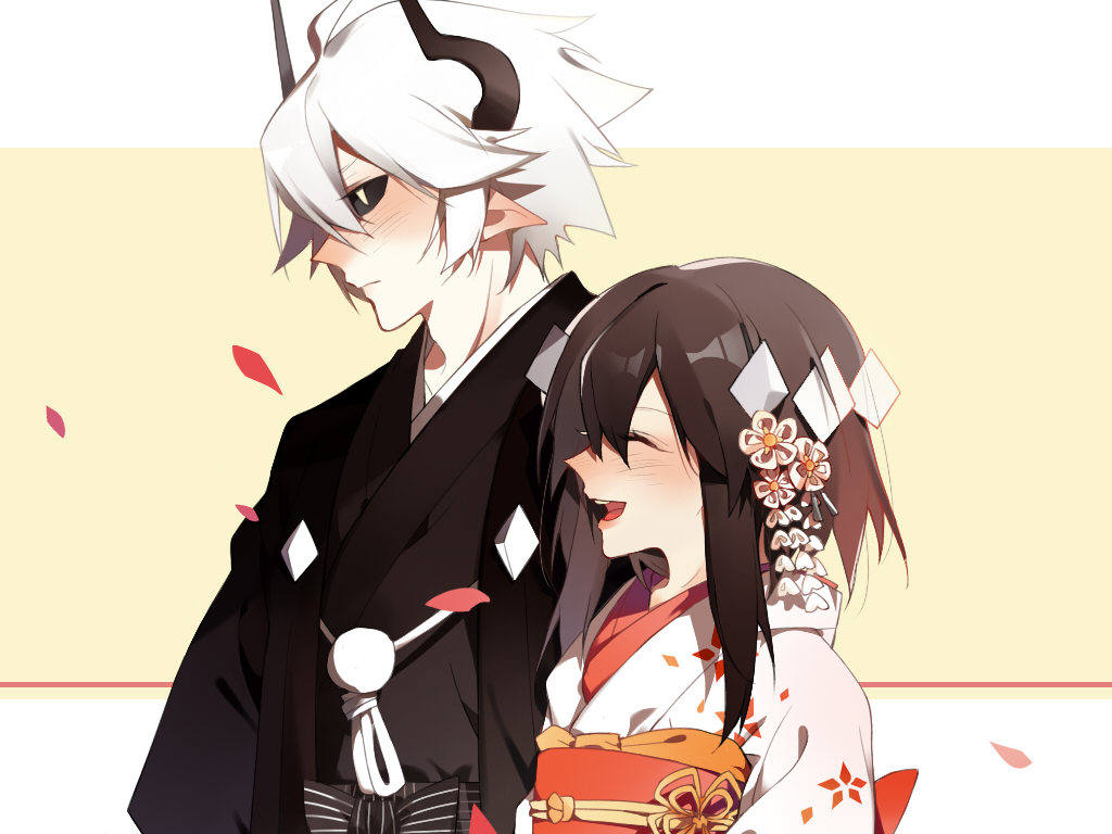 1boy 1girl 3188924594 black_hair blush closed_eyes couple demon etihw flower haiiro_teien hair_flower hair_ornament happy horns japanese_clothes kcalb kimono lipstick looking_at_another makeup obi petals sash sayagata short_hair sidelocks smile wedding white_hair