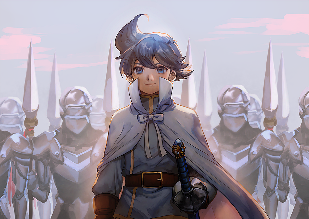 aoki_(fumomo) armor blue_hair cape closed_mouth kaeru_no_tame_ni_kane_wa_naru knight multiple_boys polearm prince_richard_(kaeru_no_tame_ni_kane_wa_naru) spear sword weapon