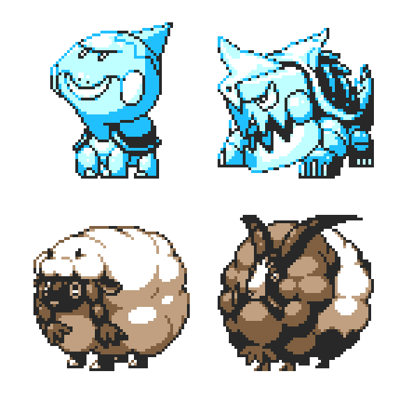 braid chewtle commentary creature drednaw dubwool english_commentary full_body gen_8_pokemon horns multiple_monochrome no_humans pat_attackerman pixel_art pokemon pokemon_(creature) sheep sprite transparent_background twin_braids wooloo