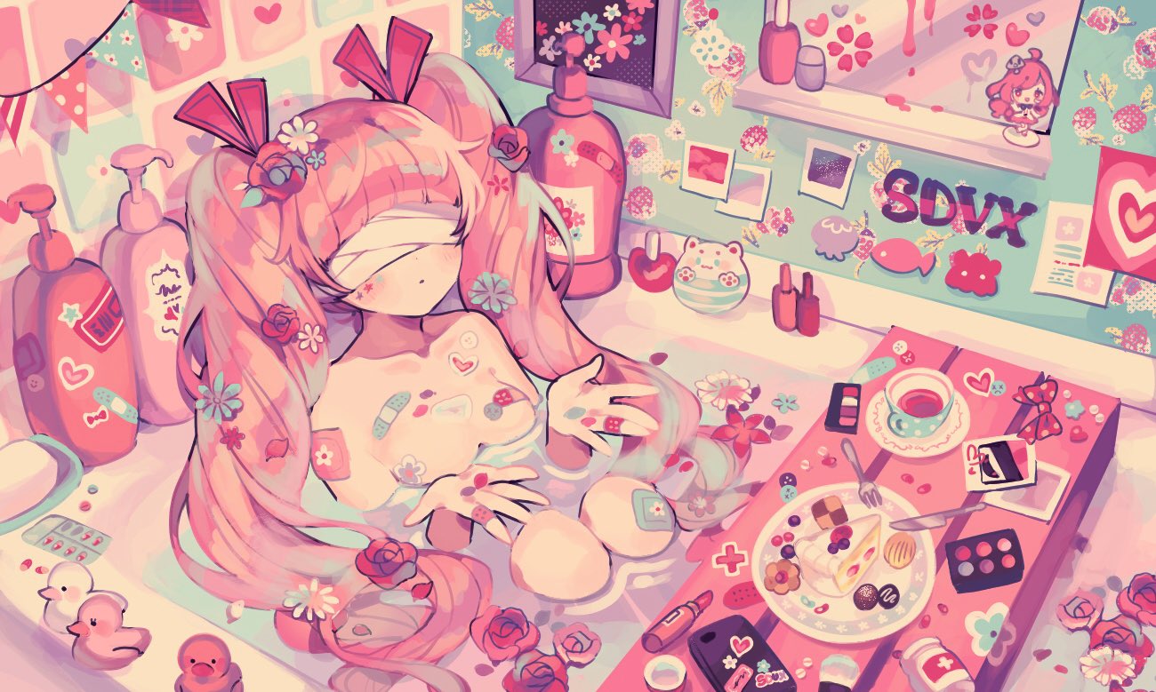 bandaid bandaid_on_breast bandaid_on_knee bangs bathing blindfold blunt_bangs blush cake character_request cookie copyright_name cutlery facial_mark floral_print flower food fork hair_flower hair_ornament knife lipstick_tube long_hair maru_(umc_a) mirror nail_polish_bottle outstretched_hand pennant pill pink_theme plate rubber_duck sepia shampoo_bottle sitting soap sound_voltex star star_print string_of_flags twintails very_long_hair