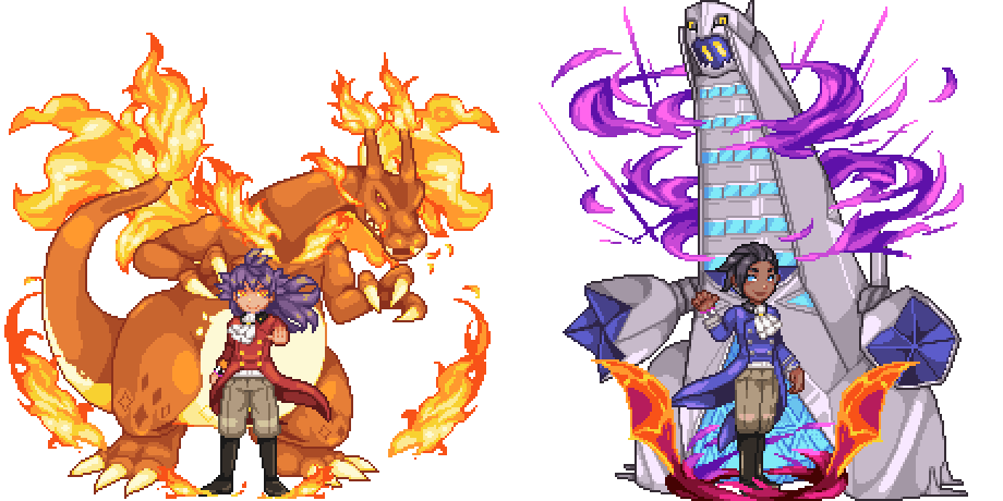 2boys charizard commentary_request dande_(pokemon) dragon duraludon gen_1_pokemon gen_8_pokemon gigantamax gigantamax_charizard gigantamax_duraludon kibana_(pokemon) multiple_boys pixel_art pokemon pokemon_(game) pokemon_swsh sprite