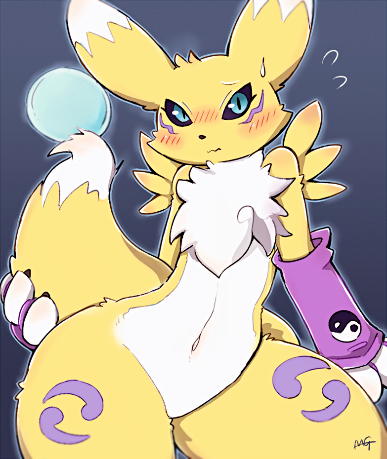 1girl animal_ears black_sclera blue_eyes blush commentary_request detached_sleeves digimon furry holding_tail looking_at_viewer moriguru77 navel outline renamon simple_background slit_pupils solo sweat tail two-tone_fur white_fur yellow_fur yin_yang_print