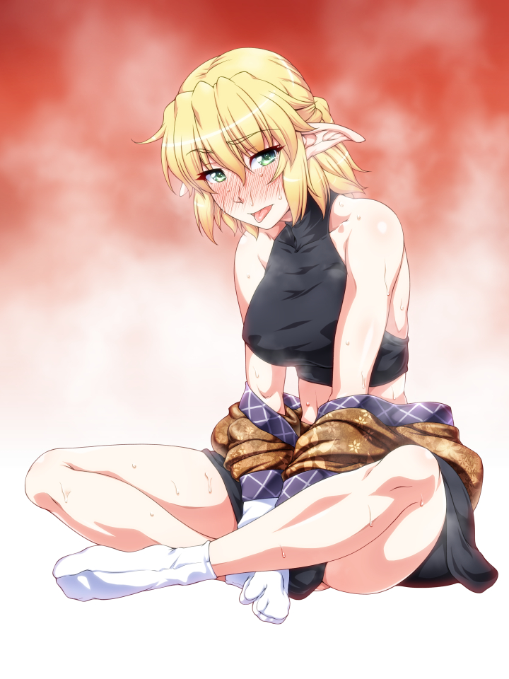 1girl :p bangs bare_shoulders black_shirt black_skirt blonde_hair blush brown_shirt collarbone crop_top eyebrows_visible_through_hair floral_print green_eyes hair_between_eyes halter_top halterneck head_tilt hot indian_style looking_at_viewer midriff miniskirt mizuhashi_parsee no_shoes nose_blush off_shoulder ootsuki_wataru pointy_ears red_background shirt short_hair sitting skirt socks solo steam sweat thighs tongue tongue_out touhou white_legwear