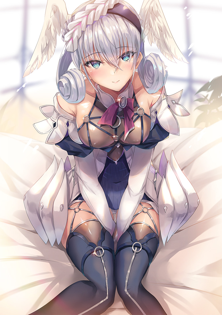 1girl bangs bare_shoulders blue_dress blue_eyes blue_legwear blush breasts closed_mouth curly_hair dress hair_between_eyes head_wings headband hinot large_breasts long_hair looking_at_viewer melia short_dress silver_hair sitting smile solo thigh-highs thighs xenoblade_(series) xenoblade_1