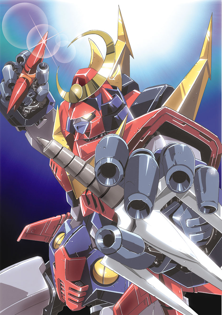 blue_background lens_flare mecha mechanical_wings muteki_choujin_zambot_3 no_humans one_eye_covered platin_(alios) sai_(weapon) shuriken solo super_robot wings zambot_3