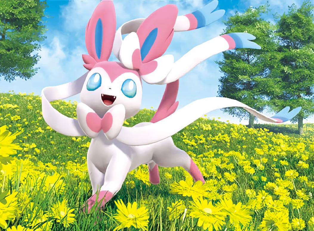 3d 5ban_graphics :d blue_eyes blue_sky clouds cloudy_sky commentary creature day english_commentary flower full_body gen_6_pokemon grass happy looking_at_viewer multiple_sources no_humans official_art open_mouth outdoors pokemon pokemon_(creature) pokemon_trading_card_game sky smile solo sylveon third-party_source tree