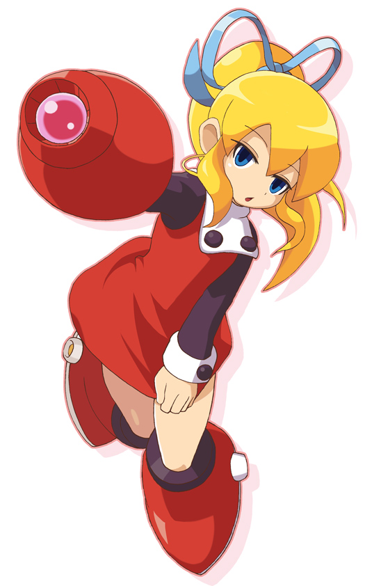 1girl arm_cannon blonde_hair blue_eyes boots dress empty_eyes hair_ribbon long_hair looking_at_viewer open_mouth ponytail red_dress red_skirt ribbon rockman rockman_(classic) roll simple_background skirt solo weapon white_background