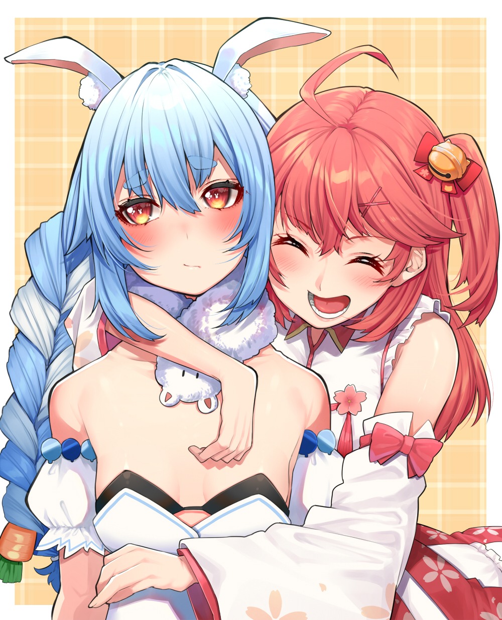 2girls ahoge animal_ear_fluff animal_ears bare_shoulders bell blue_hair blush braid breasts bunny_girl carrot carrot_hair_ornament cherry_blossom_print closed_eyes detached_sleeves ears_down eyebrows eyebrows_visible_through_hair floral_print food_themed_hair_ornament hair_bell hair_ornament hairclip highres hololive hug long_braid looking_away mikan_(chipstar182) multiple_girls one_side_up open_mouth pink_hair rabbit_ears sakura_miko small_breasts symbol-shaped_pupils teeth usada_pekora virtual_youtuber x_hair_ornament