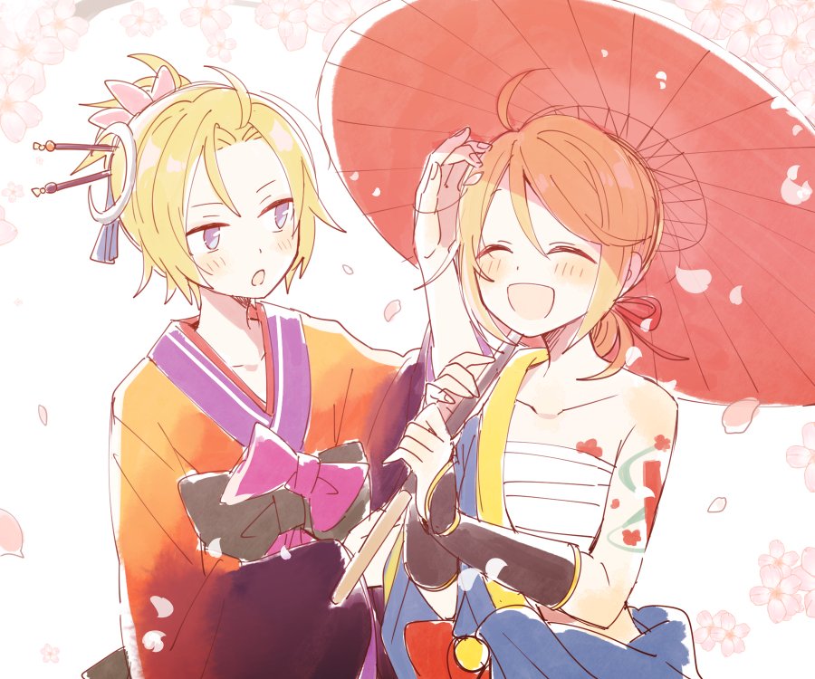 1boy 1girl ame_(module) arm_guards blonde_hair blue_eyes blue_robe bow cherry_blossoms closed_eyes commentary crossdressinging falling_petals flower_tattoo hair_ornament hair_stick hand_on_another's_head hand_up holding holding_umbrella japanese_clothes kagamine_len kagamine_rin kimono obi open_mouth orange_kimono oriental_umbrella petals phoenix_moon_(module) project_diva_(series) red_umbrella sarashi sash shoulder_tattoo smile suzumi_(fallxalice) tattoo umbrella vocaloid white_background