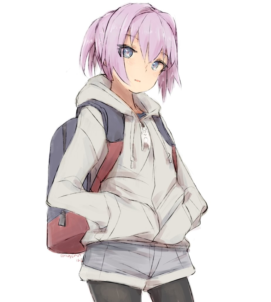 1girl alchera alternate_costume backpack bag black_legwear blue_eyes contrapposto cowboy_shot grey_shorts grey_sweater hands_in_pockets hood hooded_sweater hoodie kantai_collection pantyhose ponytail purple_hair shiranui_(kantai_collection) short_hair shorts simple_background solo sweater white_background