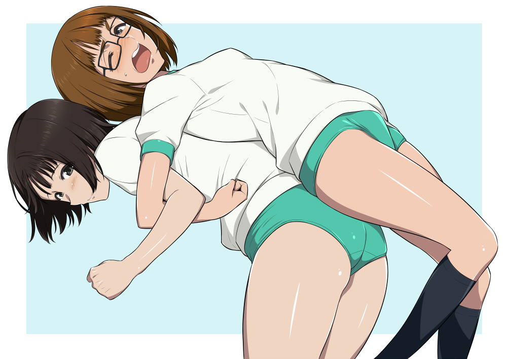 2girls ass assisted_stretching back-to-back black_hair black_legwear blush brown_hair buruma character_request doumoto_chiemi glasses gym_uniform kneehighs multiple_girls one_eye_closed open_mouth rectangular_eyewear shichimenchou shirobako short_hair simple_background stretch thighs