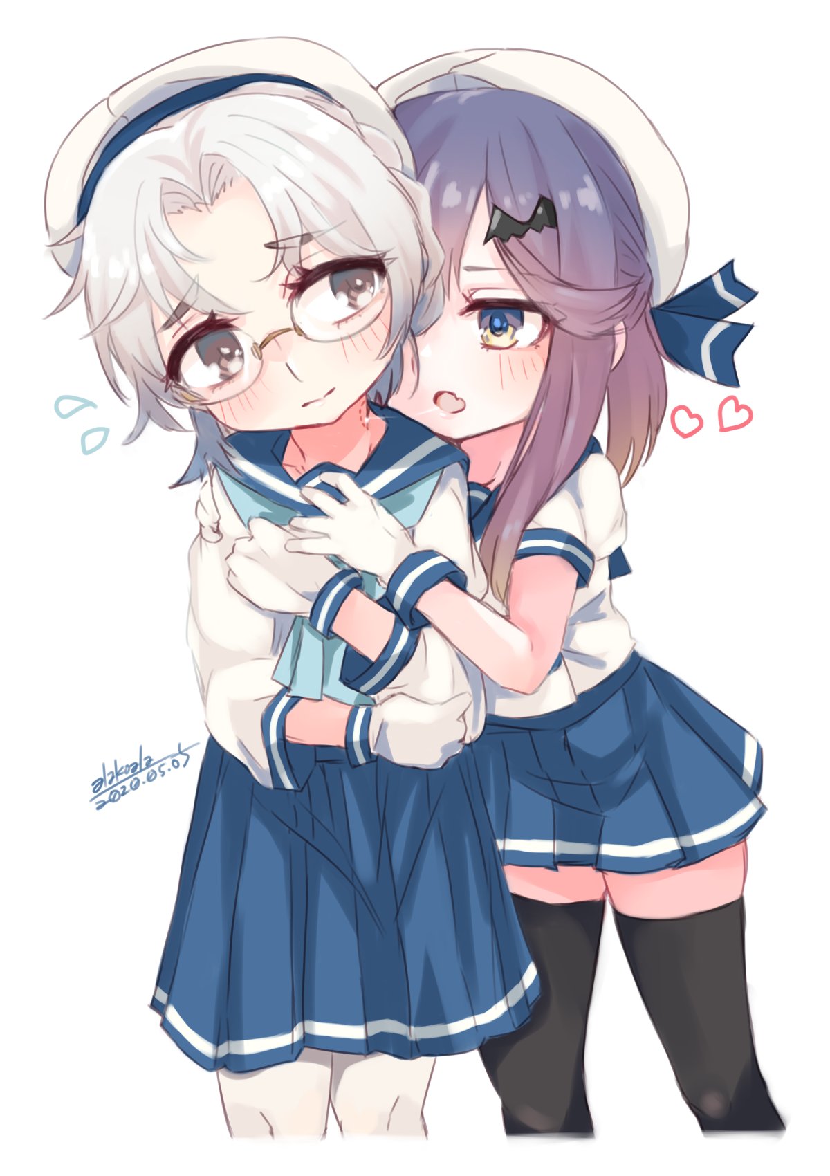 2girls alakoala black_legwear blue_neckwear blue_ribbon blue_sailor_collar blue_skirt brown_eyes cropped_legs dated feet_out_of_frame glasses gloves gradient_hair grey_hair hat highres hirato_(kantai_collection) hug hug_from_behind kantai_collection long_sleeves multicolored_hair multiple_girls neckerchief orange_hair pleated_skirt puffy_short_sleeves puffy_sleeves purple_hair ribbon sailor_collar sailor_hat school_uniform serafuku short_hair short_sleeves sidelocks signature simple_background skirt standing thigh-highs tsushima_(kantai_collection) violet_eyes wavy_hair white_background white_gloves white_headwear yuri