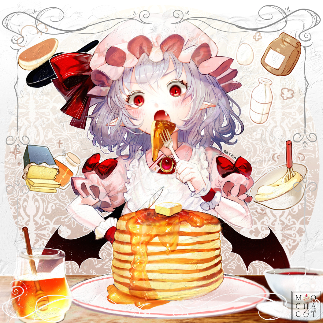 1girl :o abstract_background arm_up artist_name batter bib blouse blue_hair blush bottle bowl brooch butter commentary_request cravat cup eating egg eyebrows_visible_through_hair fang food fork frying_pan gradient gradient_background hat hat_ribbon head_tilt holding holding_fork holding_knife honey jar jewelry knife looking_at_viewer milk_bottle mob_cap mochacot open_mouth pancake pink_blouse pink_headwear pointy_ears puffy_short_sleeves puffy_sleeves red_eyes red_neckwear remilia_scarlet ribbon ruby_(gemstone) sack saucer short_hair short_sleeves sleeve_ribbon slit_pupils solo stack_of_pancakes teacup touhou whisk wrist_cuffs