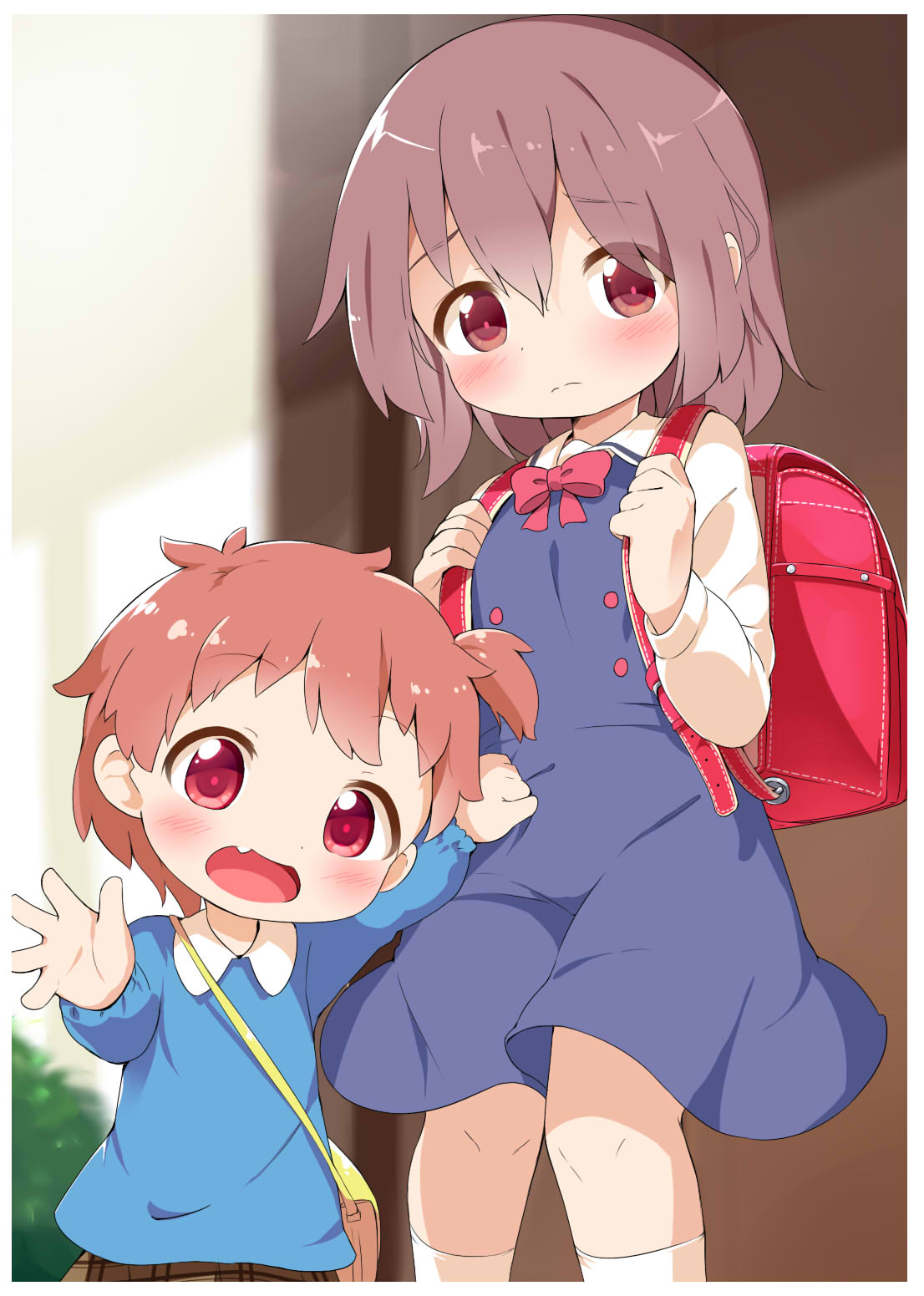 2girls :d backpack bag blue_dress blue_shirt blurry blurry_background blush bow brown_eyes brown_hair brown_skirt closed_mouth collared_shirt commentary_request depth_of_field dress fang hands_up highres holding_strap hoshino_hinata hoshino_miyako_(wataten) kindergarten_bag kindergarten_uniform long_sleeves looking_at_viewer looking_back makuran multiple_girls one_side_up open_mouth randoseru red_bow red_eyes school_uniform shirt shoulder_bag siblings sisters skirt sleeveless sleeveless_dress smile socks watashi_ni_tenshi_ga_maiorita! white_legwear white_shirt younger