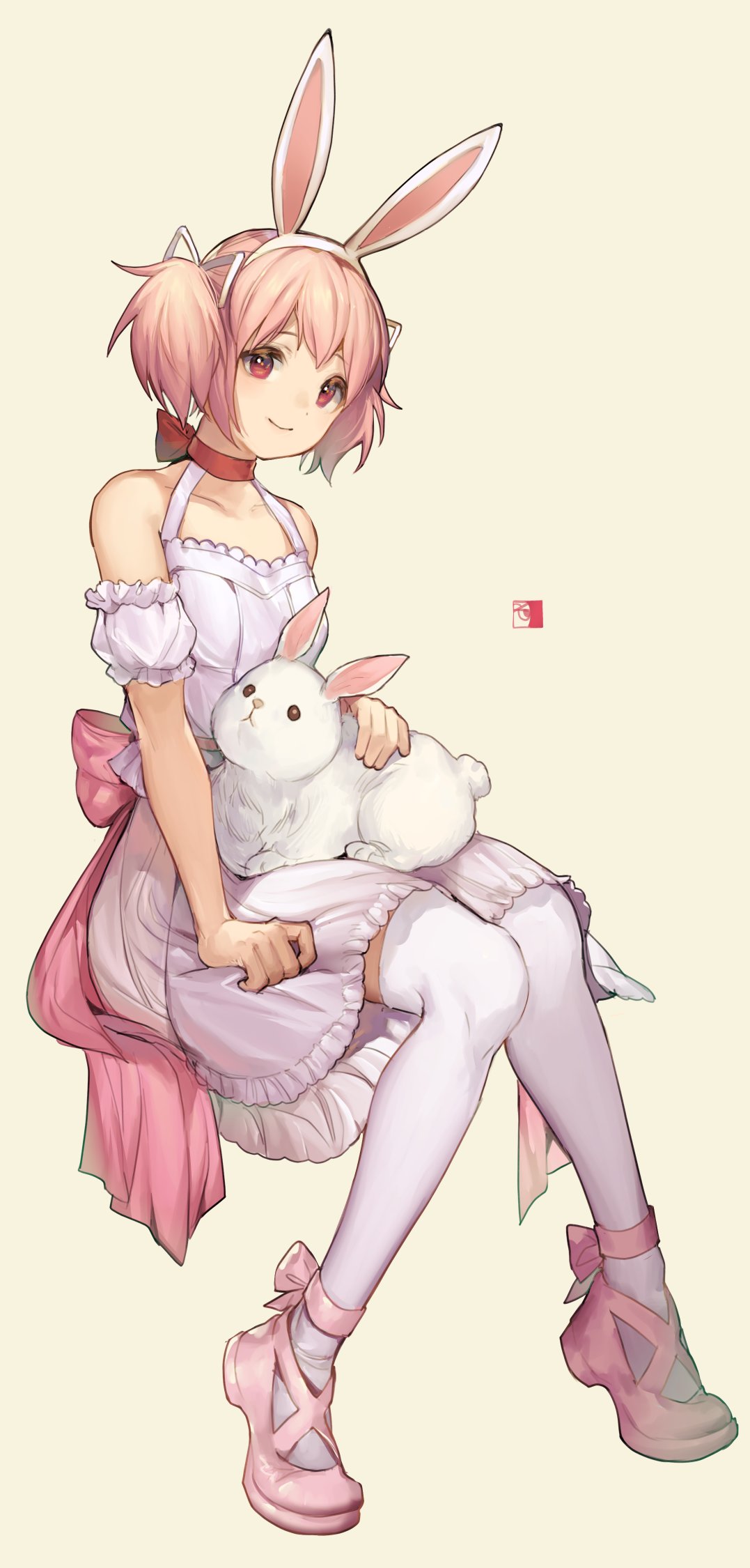 1girl animal animal_ears animal_on_lap ankle_ribbon arm_support bare_arms bare_shoulders beige_background breasts choker closed_mouth collarbone commentary cross-laced_footwear detached_sleeves dot_nose dress fake_animal_ears full_body hair_between_eyes hair_ribbon happy head_tilt highres kaname_madoka knees_together_feet_apart looking_at_viewer mahou_shoujo_madoka_magica pink_eyes pink_footwear pink_hair pink_ribbon puffy_short_sleeves puffy_sleeves rabbit rabbit_ears red_choker red_neckwear ribbon short_dress short_sleeves short_twintails signature simple_background sitting sleeveless sleeveless_dress small_breasts smile solo symbol_commentary thigh-highs twintails velahka white_dress white_legwear white_ribbon zettai_ryouiki