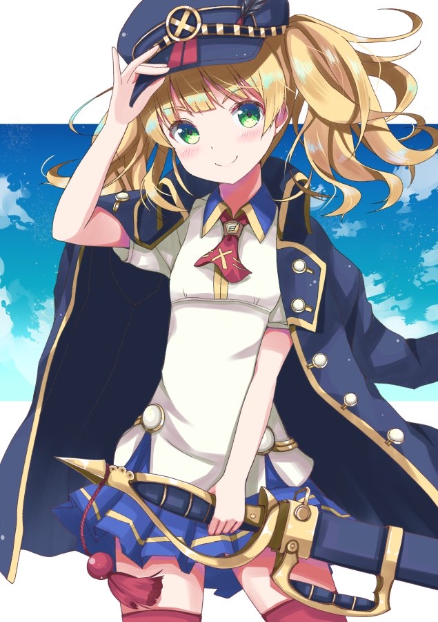 1girl adjusting_clothes adjusting_hat akiyasu blonde_hair clouds commentary_request green_eyes hat long_coat medium_hair monika_weisswind princess_connect! princess_connect!_re:dive sky smile solo sword thigh-highs twintails weapon