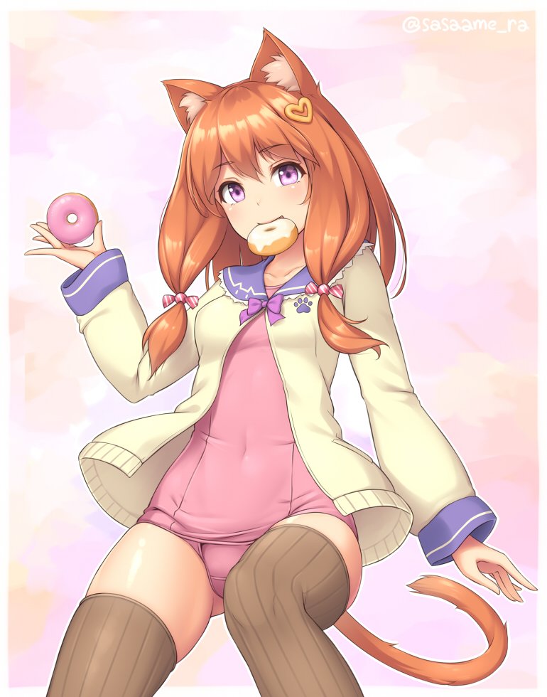 1girl animal_ears blush bow bowtie brown_legwear cat_ears cat_tail commentary doughnut eyebrows_visible_through_hair food hair_ornament hand_up heart heart_hair_ornament holding jacket leotard long_sleeves looking_at_viewer low_twintails mouth_hold navel one-piece_swimsuit open_clothes open_jacket orange_hair original pink_swimsuit purple_neckwear purple_sailor_collar ribbed_leotard sailor_collar sasaame school_swimsuit school_uniform serafuku smile solo swimsuit tail thigh-highs twintails twitter_username violet_eyes yellow_jacket