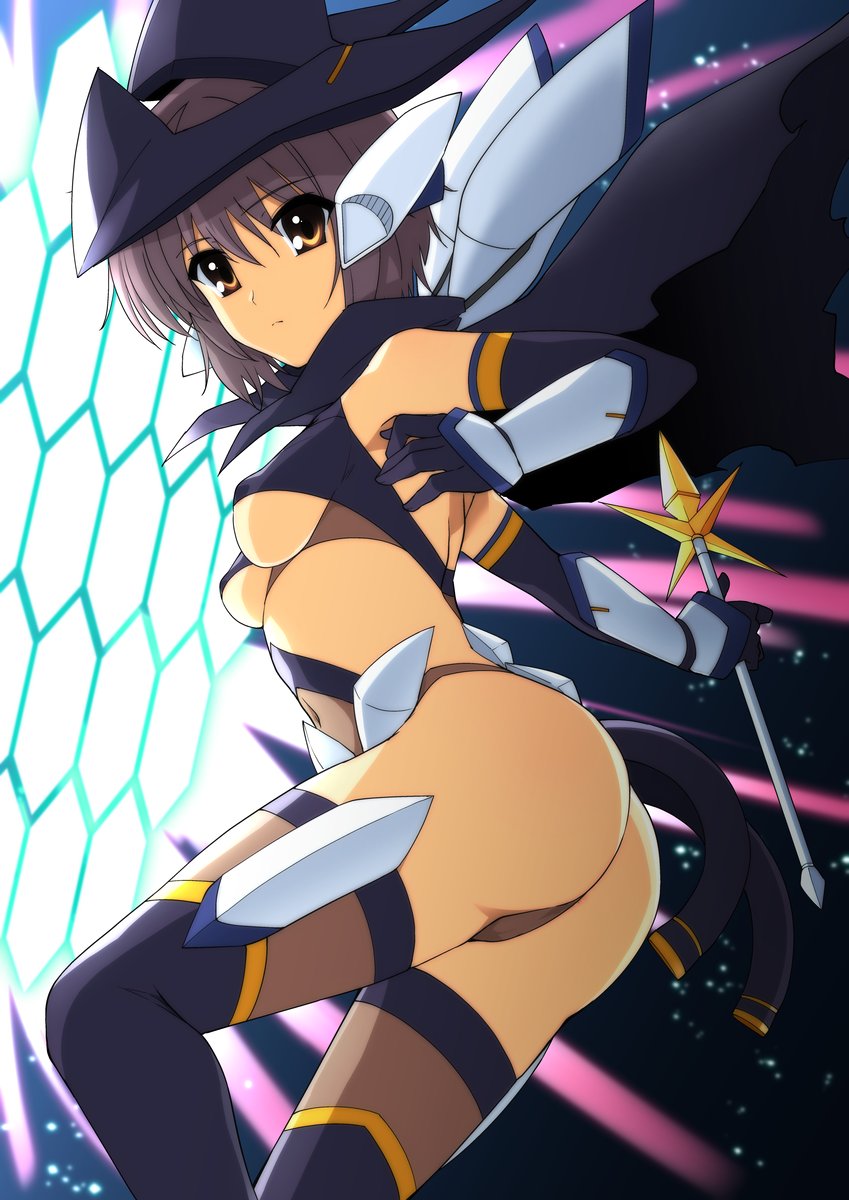 1girl alternate_costume ass bare_shoulders breasts brown_eyes cloak commentary covered_navel elbow_gloves eyebrows_visible_through_hair gloves haruhisky highres holding holding_wand looking_at_viewer nagato_yuki navel night purple_hair short_hair sky suzumiya_haruhi_no_yuuutsu tagme thigh-highs under_boob wand