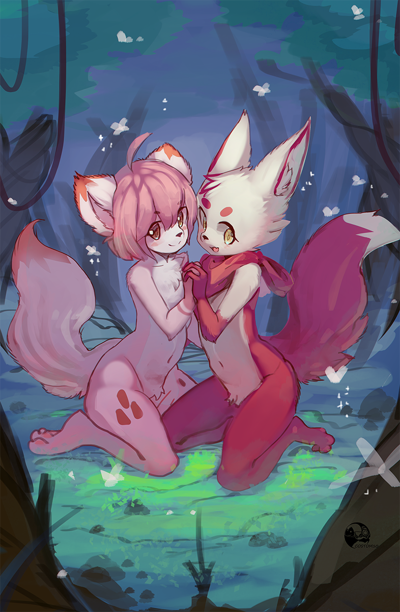 2girls animal_ear_fluff animal_ears blush brown_eyes brown_fur chizi_(costom10) commentary forest fox fox_ears fox_tail furry highres holding_hands kneeling looking_at_viewer multiple_girls nature navel open_mouth original red_fur snout tail two-tone_fur white_fur yellow_eyes