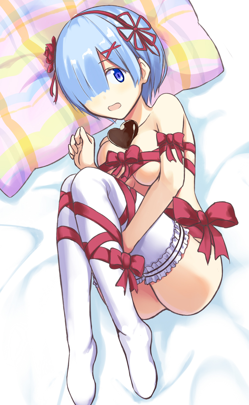 1girl arm_ribbon bed_sheet blue_eyes blue_hair bow breasts collarbone fetal_position flower garters hair_flower hair_ornament hair_over_one_eye hair_ribbon hairband heart highres konimaru looking_at_viewer lying medium_breasts naked_ribbon on_side open_mouth pantyhose re:zero_kara_hajimeru_isekai_seikatsu red_flower red_hairband red_ribbon rem_(re:zero) ribbon shiny shiny_hair short_hair solo thighband_pantyhose under_boob white_legwear