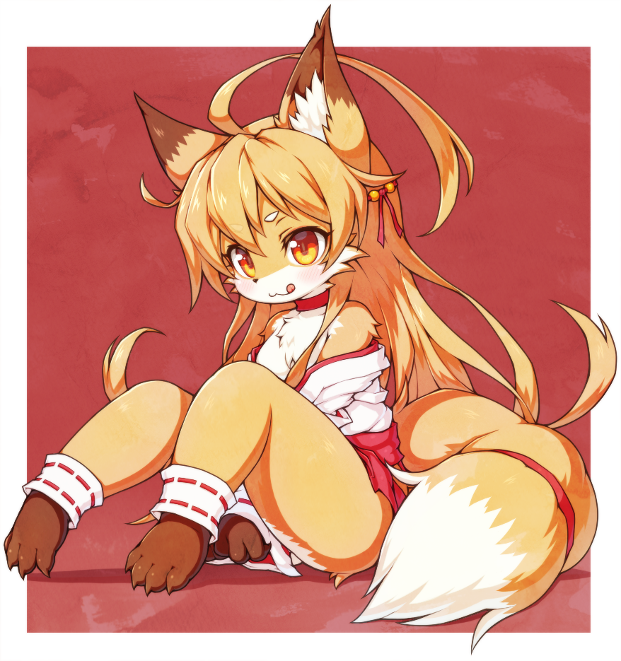 :3 ahoge animal_ears barefoot blonde_hair blush borrowed_character commentary_request fox fox_ears fox_girl fox_tail furry japanese_clothes koko_(kishibe) long_hair miko original red_background slit_pupils tail tongue tongue_out tsuji two-tone_fur white_fur wide_sleeves yellow_eyes yellow_fur