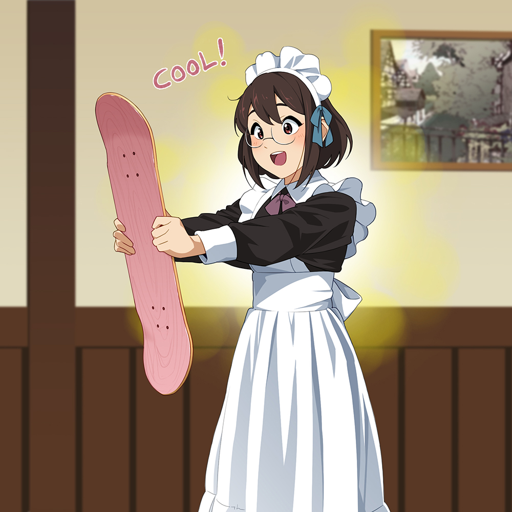 1girl :d brown_eyes brown_hair commentary english_text glasses hair_between_eyes long_sleeves maid maid_dress maid_headdress open_mouth original painting_(object) round_eyewear round_teeth short_hair skateboard smile solo suzushiro_(suzushiro333) teeth