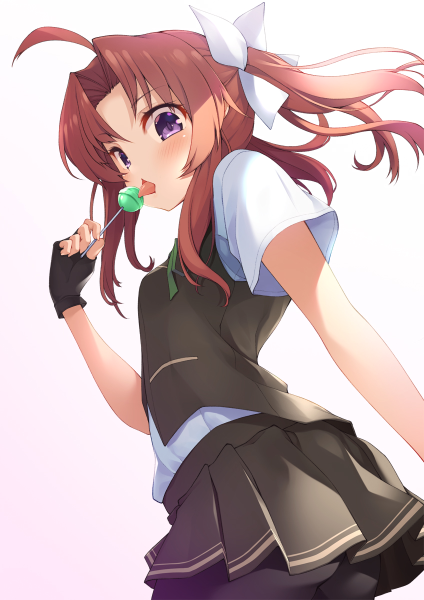 1girl ahoge bangs bike_shorts black_gloves blush breasts candy commentary_request eyebrows_visible_through_hair fingerless_gloves food gloves green_neckwear hair_ribbon highres holding holding_lollipop kagerou_(kantai_collection) kantai_collection licking lollipop long_hair looking_at_viewer mofu_namako neck_ribbon open_mouth orange_hair remodel_(kantai_collection) ribbon school_uniform shirt short_sleeves shorts shorts_under_skirt simple_background skirt small_breasts solo tongue twintails vest violet_eyes white_shirt