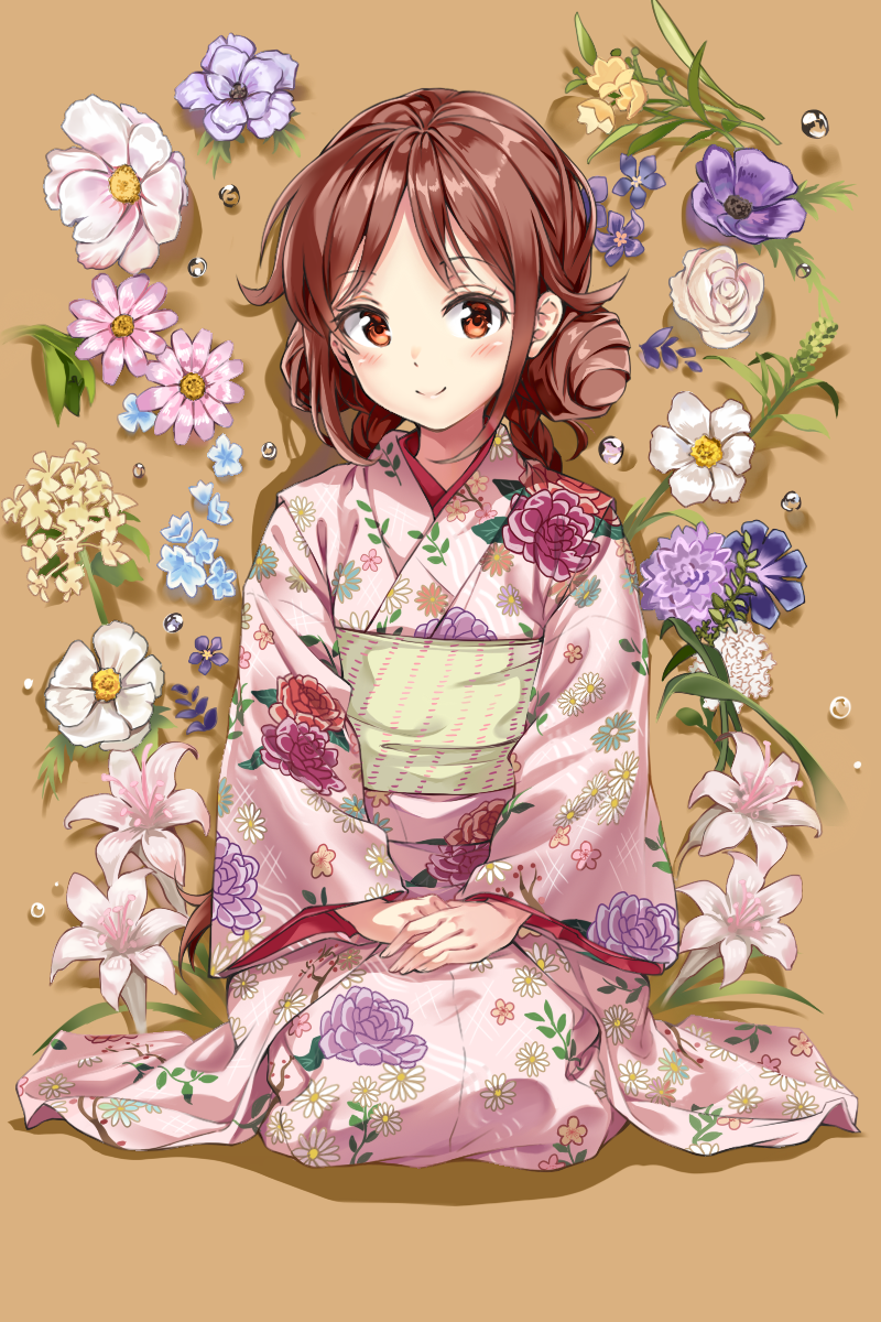 1girl bangs blush braid brown_hair commentary_request double_bun floral_background floral_print flower flower_request full_body hands_on_own_thighs highres japanese_clothes kimono lily_(flower) long_hair long_sleeves looking_at_viewer obi pink_kimono red_eyes rose sash sayuuiede seiza sidelocks sitting smile solo swept_bangs tachibana_yuzuki taisho_otome_otogibanashi twin_braids water_drop