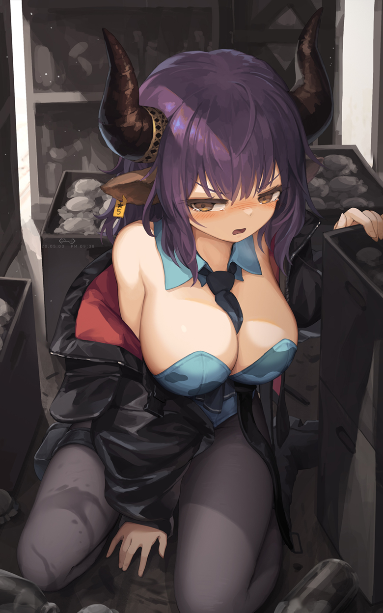 1girl animal_ears animal_print arknights bangs between_breasts black_jacket black_legwear black_neckwear blue_leotard blush box breasts brown_eyes bunnysuit copyright_request cow_ears cow_print detached_collar ear_tag eyebrows_visible_through_hair highres horns indoors jacket jakoujika jar large_breasts leotard long_sleeves looking_at_viewer necktie necktie_between_breasts nose_blush off_shoulder on_floor open_clothes open_jacket open_mouth pantyhose playboy_bunny_leotard purple_hair sideroca_(arknights) sitting solo spilled_milk store_room strapless strapless_leotard tearing_up thigh_pouch