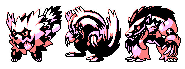 claws commentary creature english_commentary full_body galarian_form galarian_linoone galarian_zigzagoon gen_8_pokemon monochrome no_humans obstagoon pat_attackerman pixel_art pokemon pokemon_(creature) standing tongue tongue_out transparent_background